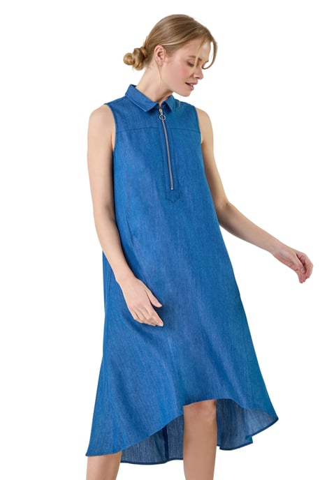 Denim Zip Detail Dipped Hem Midi Dress - Image 1