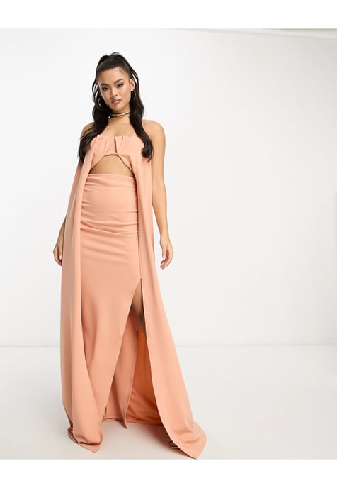 ASOS DESIGN premium bardot cape detail maxi dress in camel-Brown