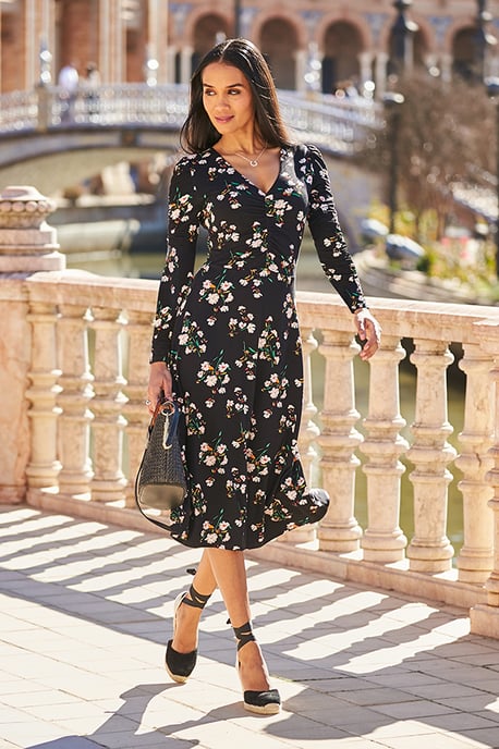 Black Floral Print Ruched Front Midi Dress