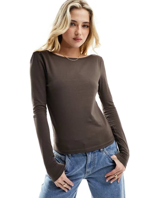 ASOS DESIGN scoop back long sleeve top in brown