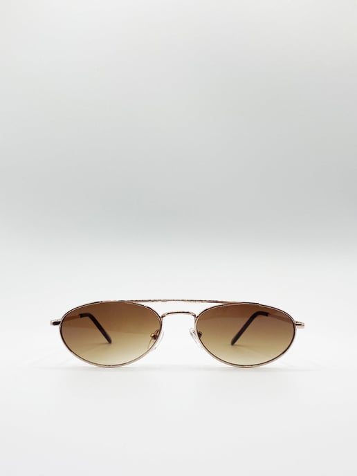 Double Bridge Fashion Metal Sunglasses With Brown Tinted Lenses