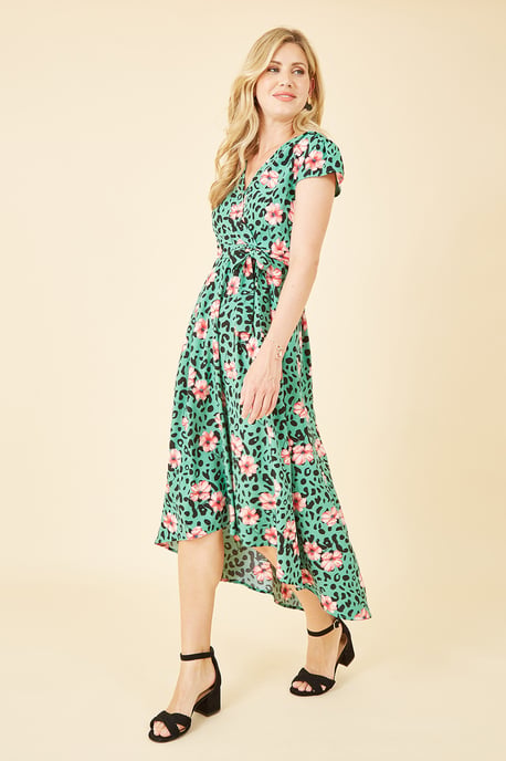 Mela Green Animal Print Dipped Hem Wrap Dress