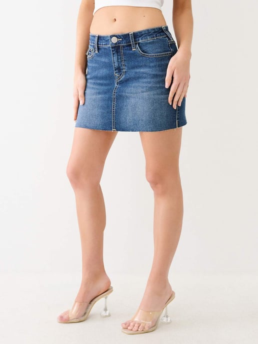 Sadie Single Needle Flap Mini Skirt in Dark Humid Wash