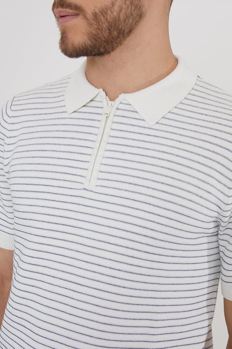 Ecru 'Massie' Textured Stripe Quarter Zip Short Sleeve Knitted Polo