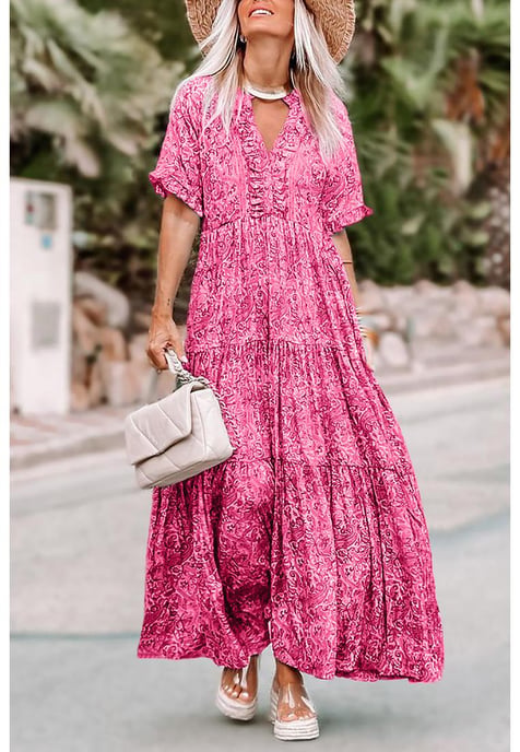 Vestido Maxivolante de mujer con estampado bohemio de paisley en rosa - Image 1