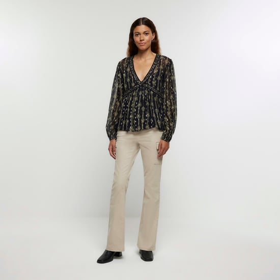 River Island Womens Blouse Black Floral Embellished