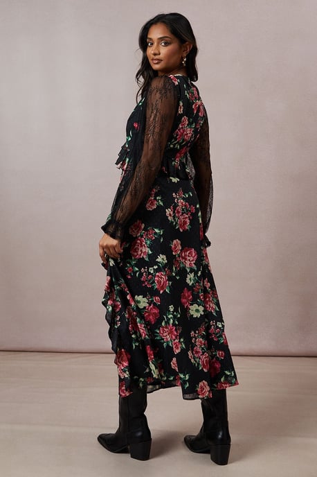 Floral Lace Sleeve Ruffle Front Midi Dress