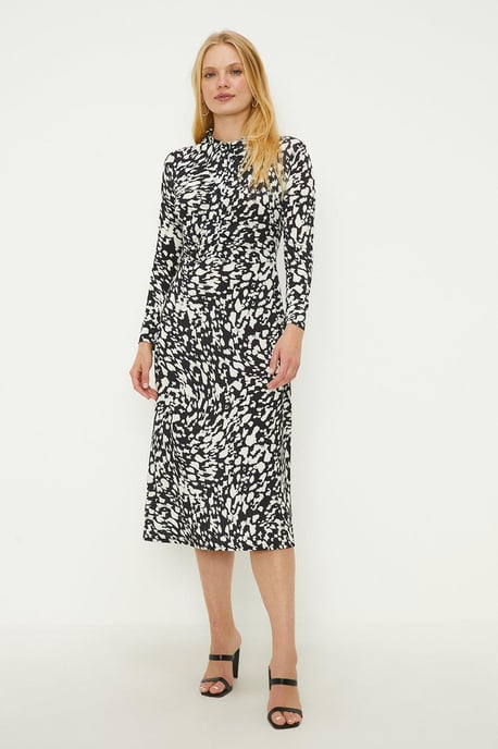 Petite Mono Print Ruched Waist Midi Shirt Dress