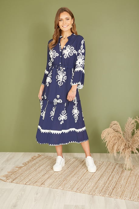 Navy Viscose Midi Dress With Long Sleeves