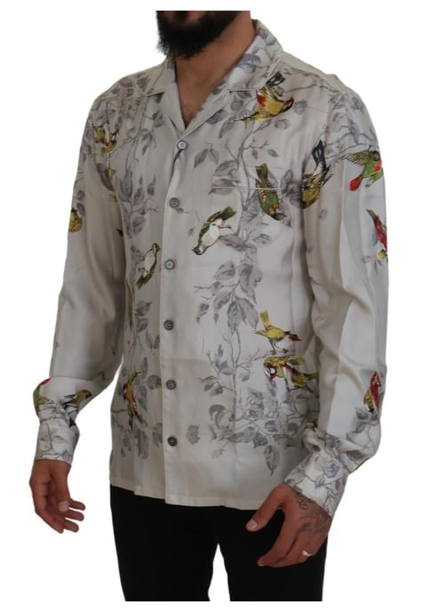 Camisa Casual de Seda Satinada con Estampado de Pájaro Blanco para Hombre de Dolce & Gabbana - Image 5