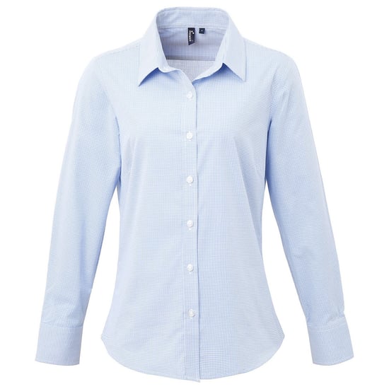 Premier Womens/Ladies Gingham Long-Sleeved Shirt (Light Blue/White) - Image 1