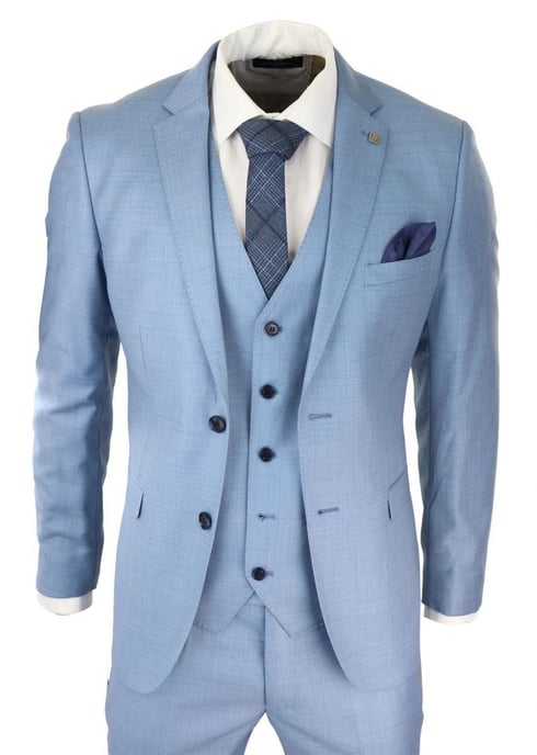 Traje retro clásico de 3 piezas con puntadas en azul claro para hombre - Image 1