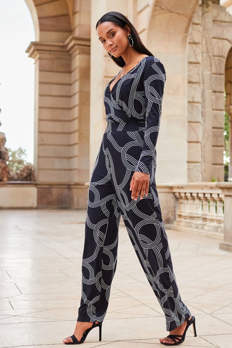 Black Geometric Print Faux Wrap Front Jumpsuit