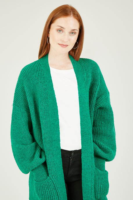 Yumi Green Knitted Long Cardigan With Pocket