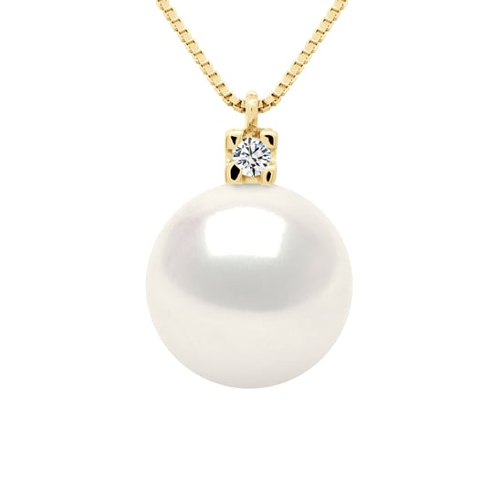 Necklace Jewelry 0,02 Cts Yellow Gold and Real Cultured Freshwater Pearl Round 10-11 mm