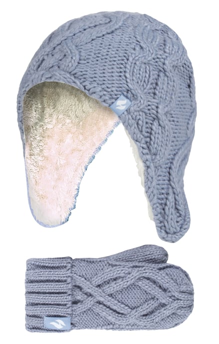 Heat Holders - Conjunto de sombrero y guantes de lana cableada suave y acogedora para niñas - Azul polvo - Image 1