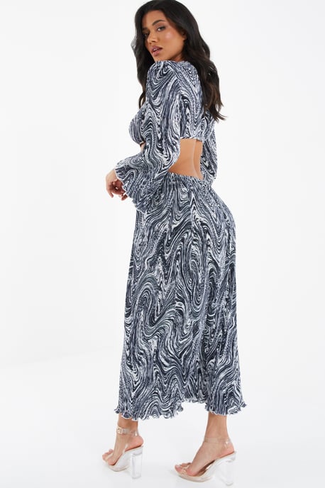 Black Plisse Swirl Midaxi Dress