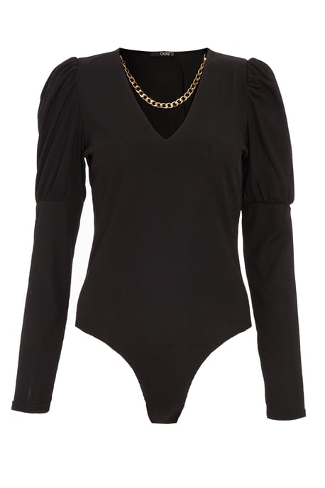 Black Ribbed Puff Sleeve Chain Bodysuit