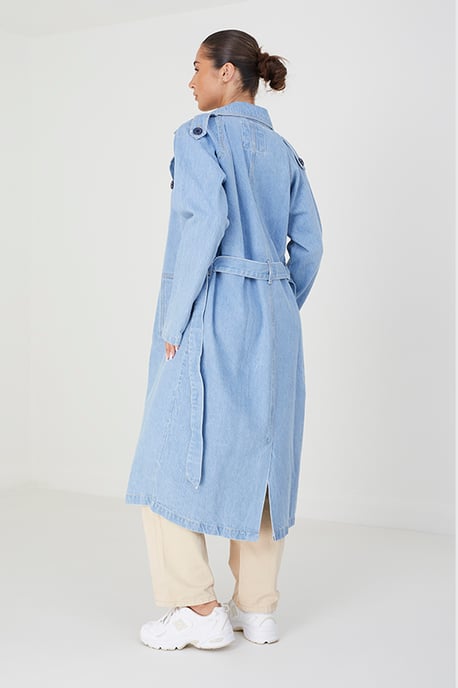 Denim Double-Breasted Longline Trench Coat With Raglan Sleeves