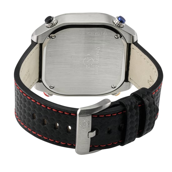 GV2 Men's Quattro Zone, SS Case, Black dial, 4 time zone, sub dial, Black w/Blue & Red Stitching Handmade Italian Leather Strap