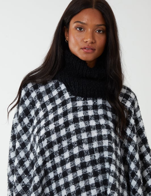Check Roll Neck Poncho