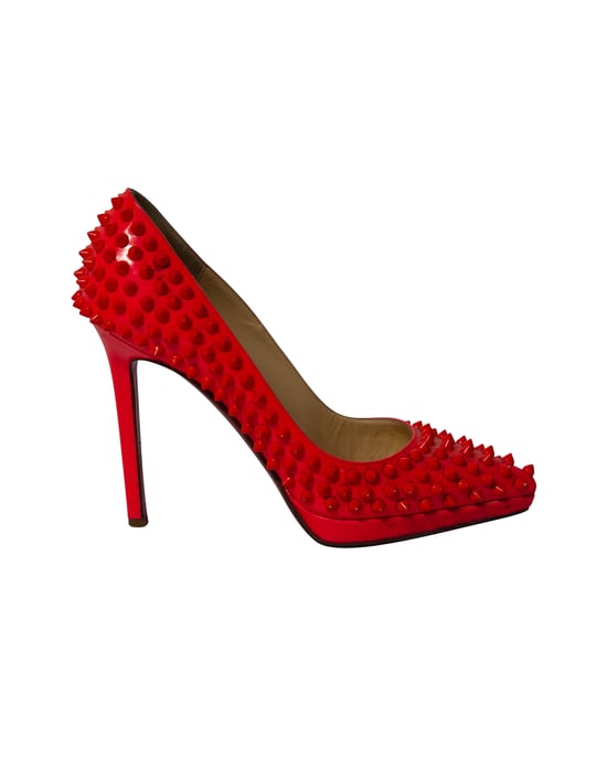 Christian Louboutin Pigalle Plato 120 Spiked Heels in Neon Red Patent Leather - Image 1