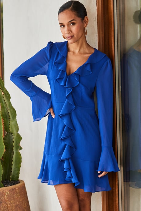 Cobalt Blue Ruffle Detail Fit & Flare Dress