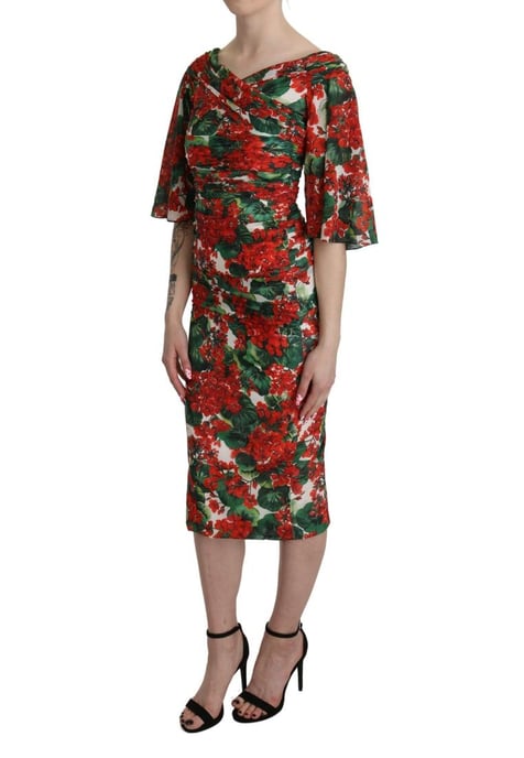 Vestido midi entallado de seda elástica con flores rojas para mujer de Dolce & Gabbana - Image 1
