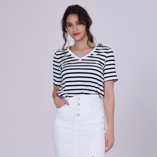 V neck stripes cotton T-shirt - Image 5