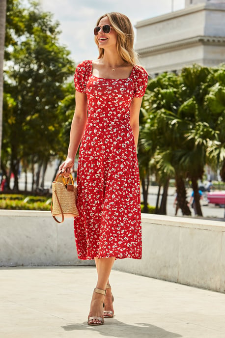 Red Ditsy Floral Print Puff Sleeve Jersey Midi Dress