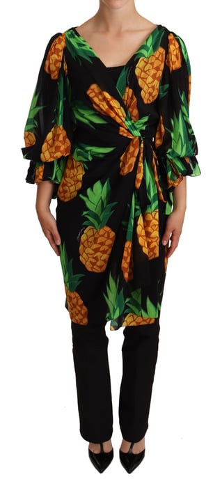 Vestido de Seda Stretch Negro con Estampado de Ananas de Mujer Dolce & Gabbana - Image 1