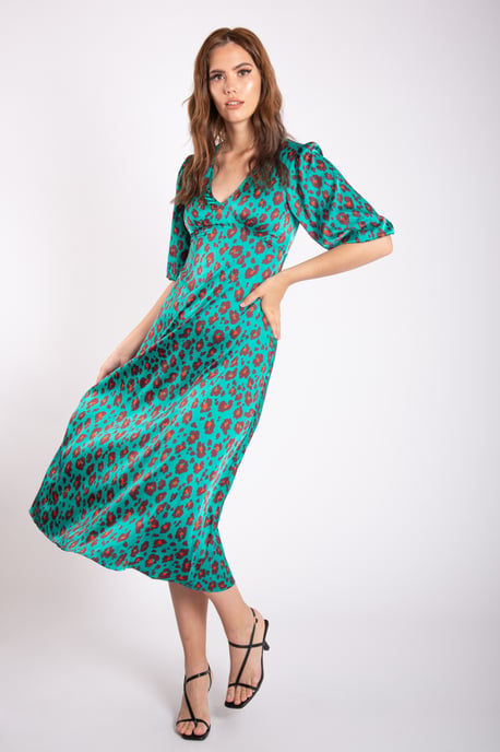 Vestido midi recto con cuello en V y estampado animal - Image 3