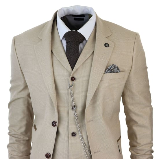 Traje de tres piezas de cuadros Príncipe de Gales color crema para hombre - Image 3
