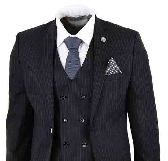 Traje retro de tres piezas de raya diplomática negra para hombre - Image 3