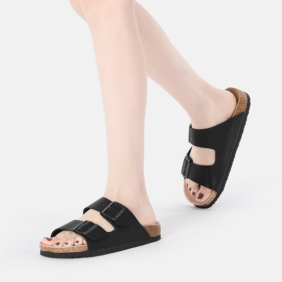 EVER AU Women Mallard Leather Twin Buckle Sandals - Black Leather