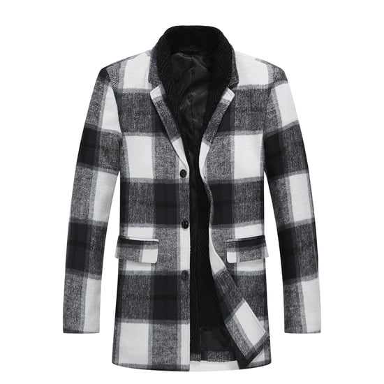 Men's Long Slim Fit Checked Winter Thick Coat with Shawl Collar White - Image 1