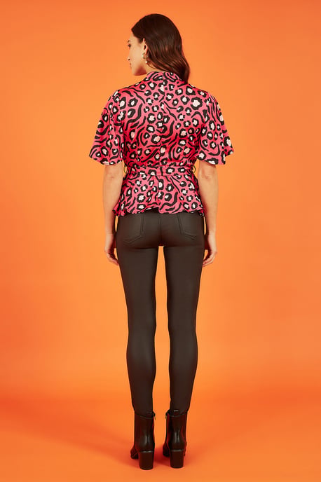 Pink Animal Print Belted High Neck Top