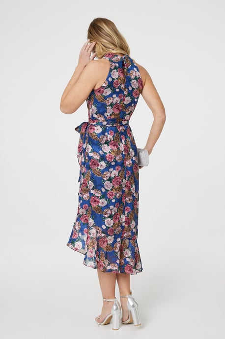 Blue Floral Frill Hem Midi Halter Dress