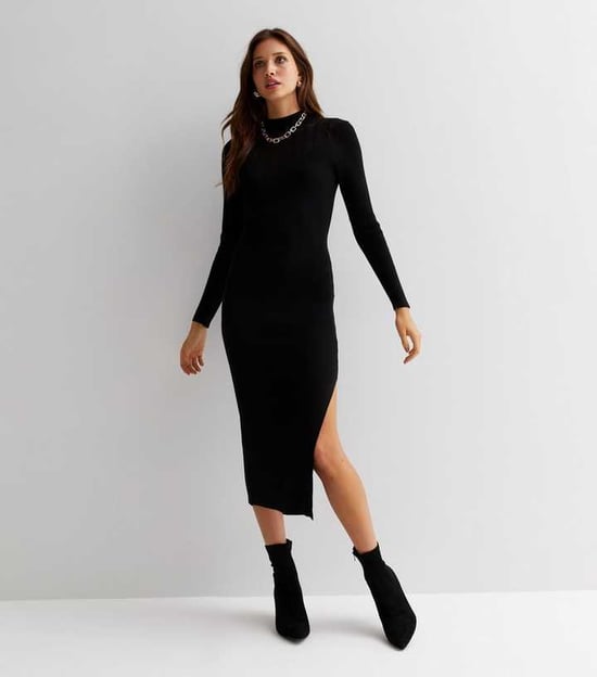 Vestido midi ajustado de canalé con cuello alto - Image 3