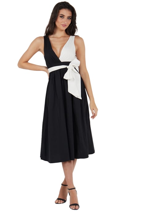 Vestido midi negro con cintura anudada de popelina blanca en contraste - Image 4