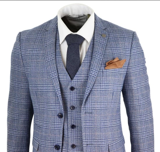 Traje retro vintage de tweed azul y gris de 3 piezas para hombre - Image 6