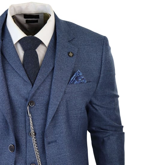 Traje de tres piezas de cuadros príncipe de Gales azul para hombre - Image 5