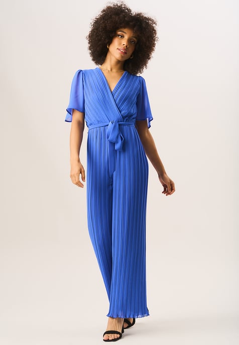 Angel Sleeves Pleated Belted Wrap Jumpsuit