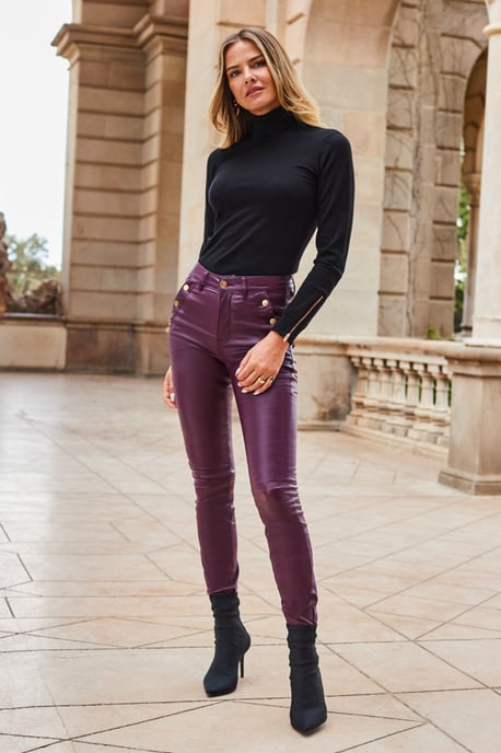 Wine Button Detail Coated Skinny Jeans