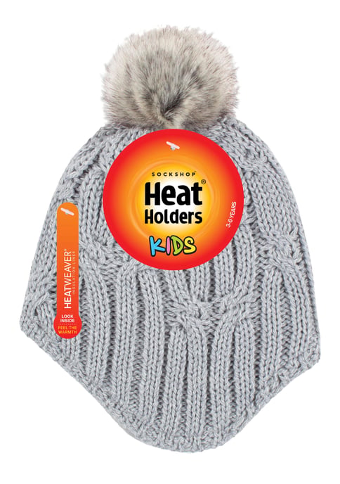 Heat Holders - Girls Cable Knitted Beanie Hat with Pom Pom Bobble for Winter | Gorro aislante térmico cálido - Gris nube - Image 2