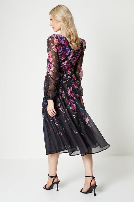 Organza Panelled Print Midi Dress