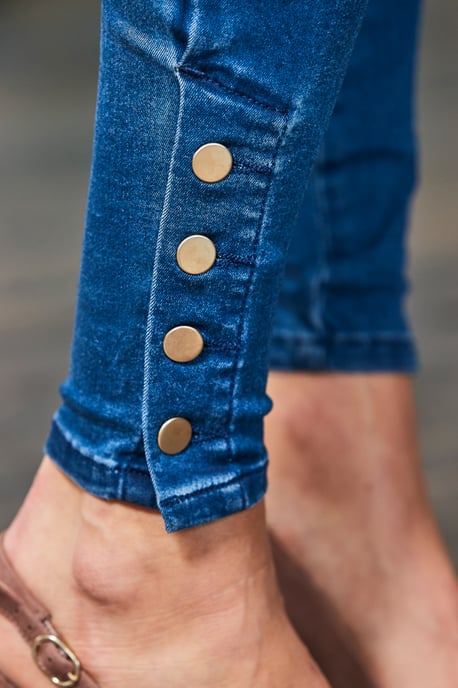 Mid Blue Button Detail Hem Jeggings