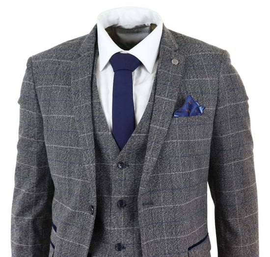 Traje clásico vintage de 3 piezas para hombre, gris y con cuadros azules - Image 3