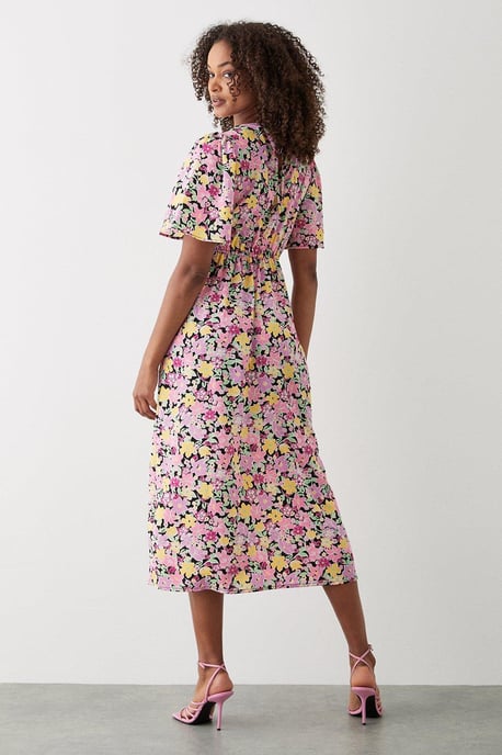 Pink Floral Flutter Sleeve Shirred Waist Midi Dress - Image 3