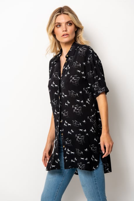 Black & White Horse Print Long Line Shirt